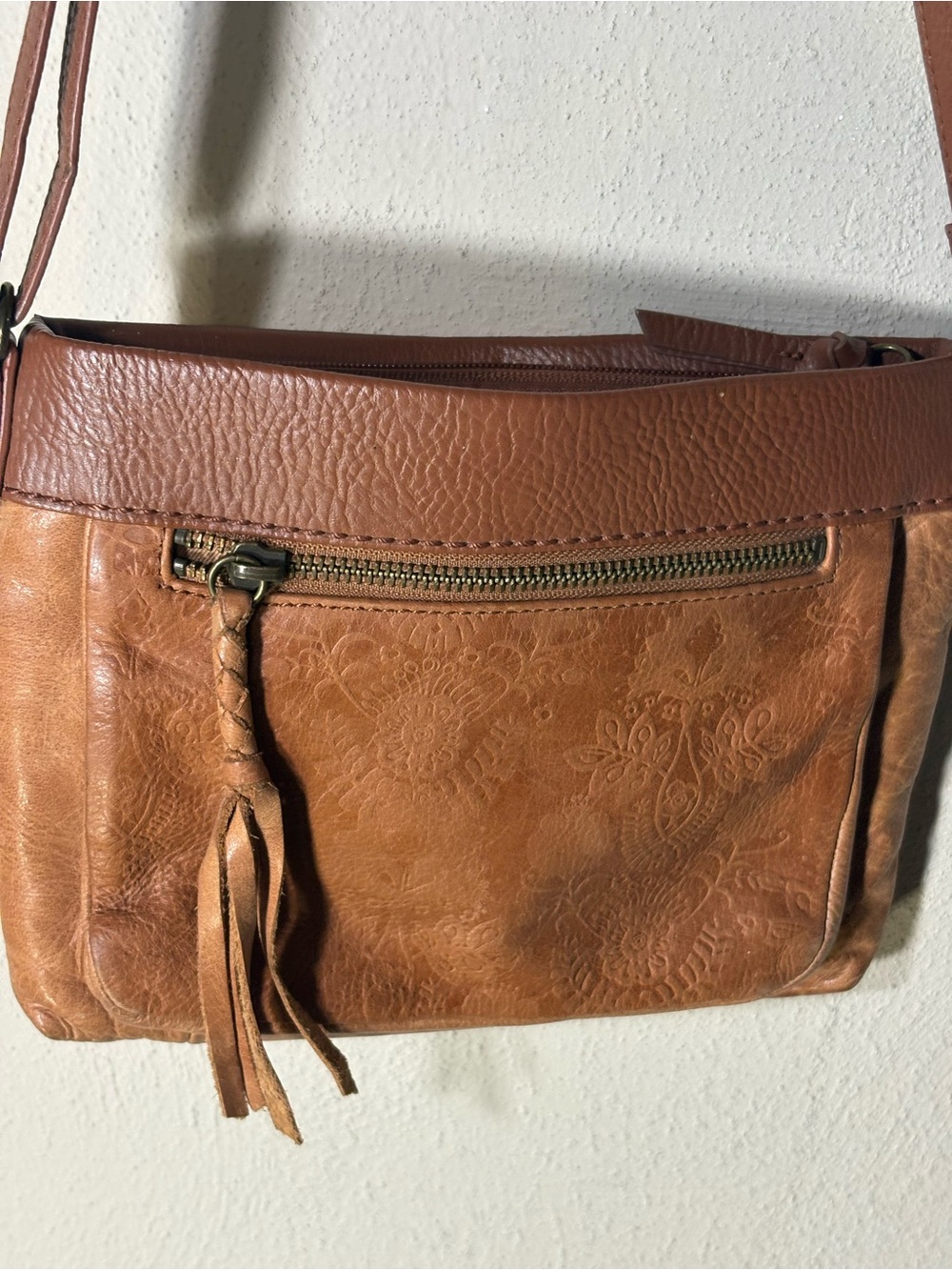 The Sak Tan Embossed Leather Crossbody with Braided Tassel